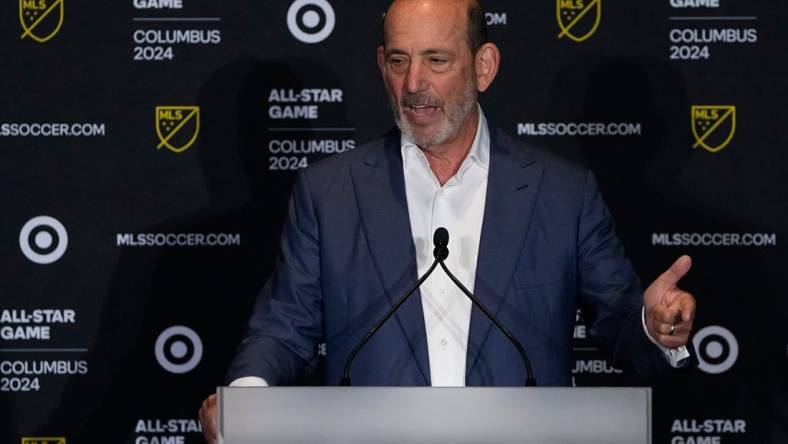 Jun 28, 2023; Columbus, OH, USA;  MLS commissioner Don Garber speaks during an announcement at Lower.com Field that the 2024 MLS All Star Game will be in Columbus.