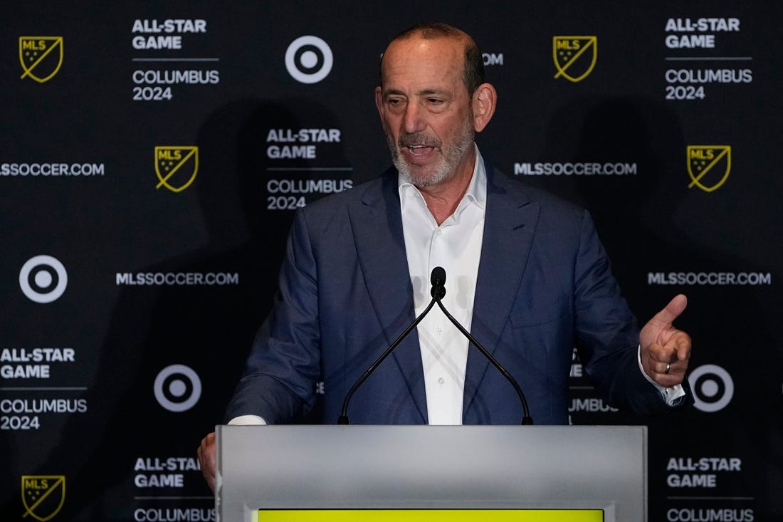 Jun 28, 2023; Columbus, OH, USA;  MLS commissioner Don Garber speaks during an announcement at Lower.com Field that the 2024 MLS All Star Game will be in Columbus.