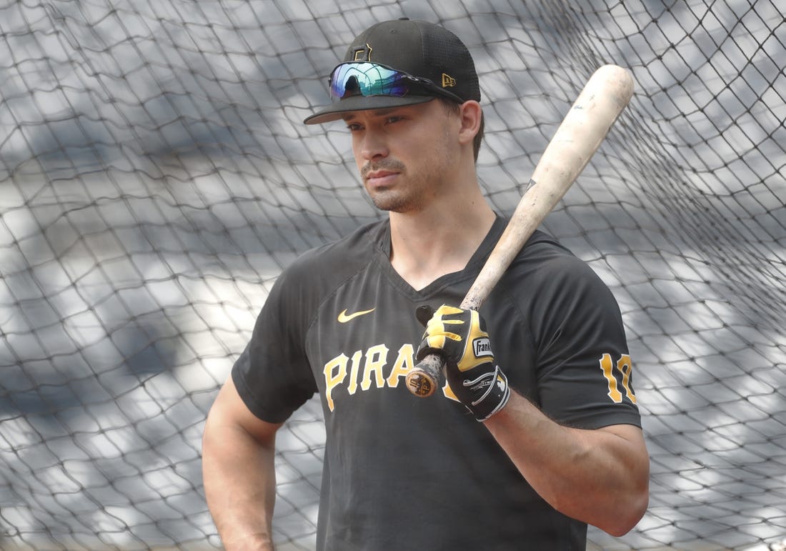Jun 29, 2023; Pittsburgh, Pennsylvania, USA; Pittsburgh Pirates left fielder Bryan Reynolds (10) in the batting cage before the game against the San Diego Padres at PNC Park. Mandatory Credit: Charles LeClaire-USA TODAY Sports