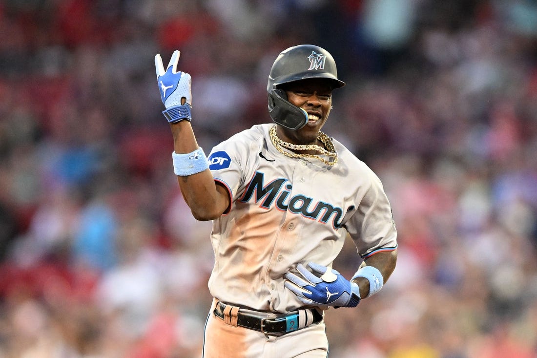 Jun 29, 2023; Boston, Massachusetts, USA; Miami Marlins center fielder Jazz Chisholm Jr. (2) reacts after hitting a home run against the Boston Red Sox during the ninth inning at Fenway Park. Mandatory Credit: Brian Fluharty-USA TODAY Sports