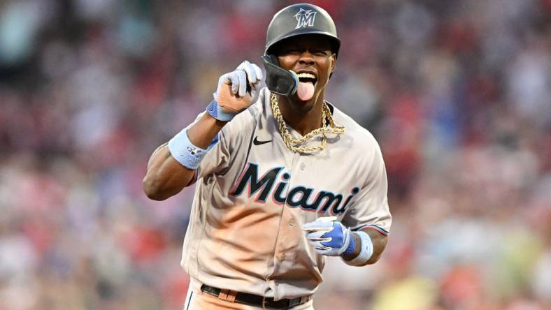 Jun 29, 2023; Boston, Massachusetts, USA; Miami Marlins center fielder Jazz Chisholm Jr. (2) reacts after hitting a home run against the Boston Red Sox during the ninth inning at Fenway Park. Mandatory Credit: Brian Fluharty-USA TODAY Sports