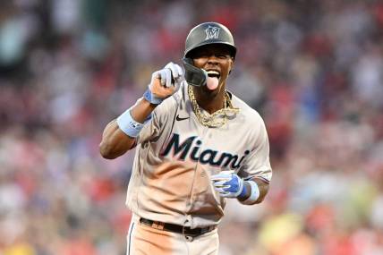 Jun 29, 2023; Boston, Massachusetts, USA; Miami Marlins center fielder Jazz Chisholm Jr. (2) reacts after hitting a home run against the Boston Red Sox during the ninth inning at Fenway Park. Mandatory Credit: Brian Fluharty-USA TODAY Sports