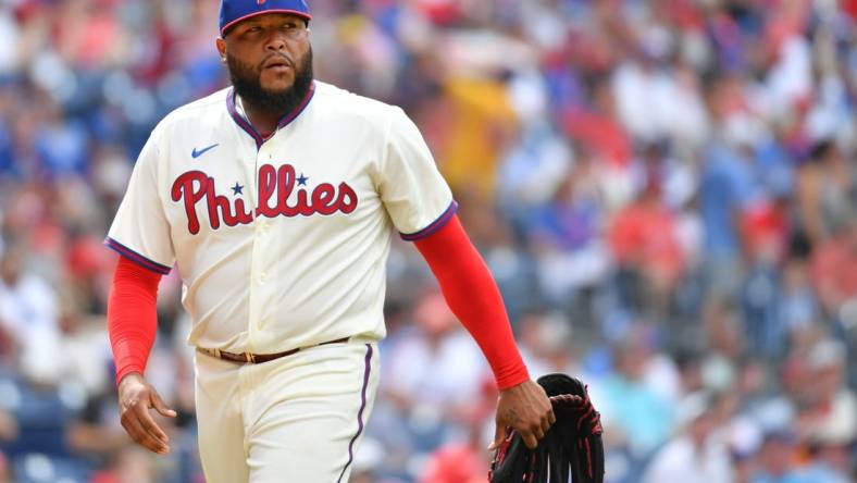 Jun 25, 2023; Philadelphia, Pennsylvania, USA; Philadelphia Phillies relief pitcher Jose Alvarado (46) against the New York Mets at Citizens Bank Park. Mandatory Credit: Eric Hartline-USA TODAY Sports