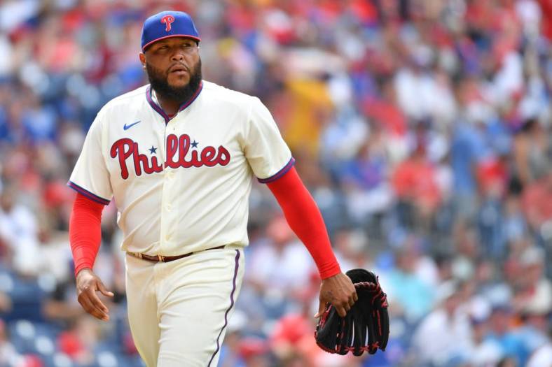 Jun 25, 2023; Philadelphia, Pennsylvania, USA; Philadelphia Phillies relief pitcher Jose Alvarado (46) against the New York Mets at Citizens Bank Park. Mandatory Credit: Eric Hartline-USA TODAY Sports