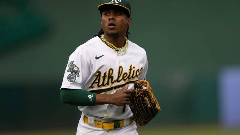 Jun 28, 2023; Oakland, California, USA;  Oakland Athletics center fielder Esteury Ruiz (1) during the first inning against the New York Yankees at Oakland-Alameda County Coliseum. Mandatory Credit: Stan Szeto-USA TODAY Sports