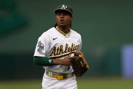 Jun 28, 2023; Oakland, California, USA;  Oakland Athletics center fielder Esteury Ruiz (1) during the first inning against the New York Yankees at Oakland-Alameda County Coliseum. Mandatory Credit: Stan Szeto-USA TODAY Sports