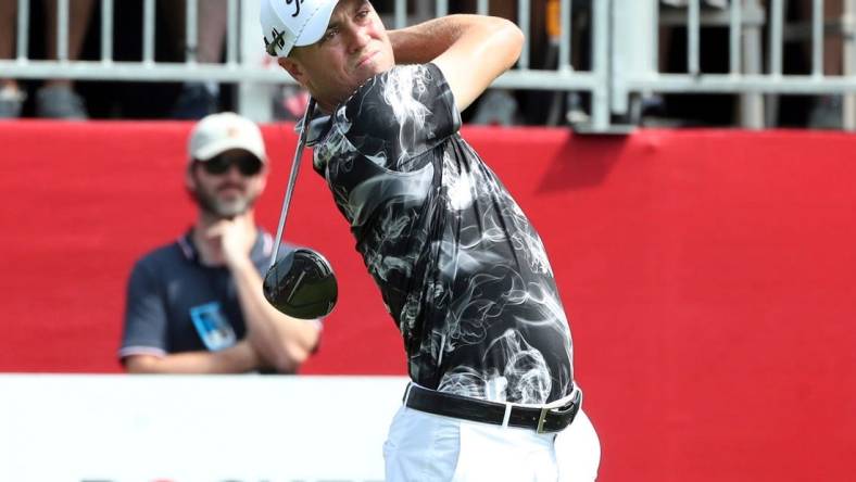 June 30, 2023; Detroit, MI, USA; Justin Thomas tees off on the sixth hole during the second round of the Rocket Mortgage Classic on Friday, June 29, 2023, at the Detroit Golf Club. Mandatory Credit: Kirthmon F. Dozier-USA TODAY Sports