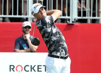 June 30, 2023; Detroit, MI, USA; Justin Thomas tees off on the sixth hole during the second round of the Rocket Mortgage Classic on Friday, June 29, 2023, at the Detroit Golf Club. Mandatory Credit: Kirthmon F. Dozier-USA TODAY Sports