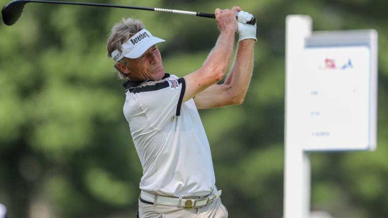 Bernhard Langer holds his follow-through after hitting his tee shot on the 10th hole during the second round for the 2023 U.S. Senior Open on Friday, June 30, 2023, at SentryWorld in Stevens Point, Wis. Tork Mason/USA TODAY NETWORK-Wisconsin