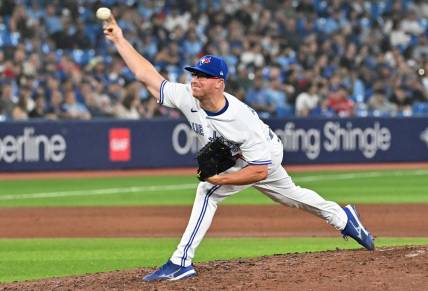 Jun 30, 2023; Toronto, Ontario, CAN; Toronto Blue Jays relief pitcher Trent Thornton (57) delivers a pitch against the Boston Red Sox in the seventh inning at Rogers Centre. Mandatory Credit: Dan Hamilton-USA TODAY Sports