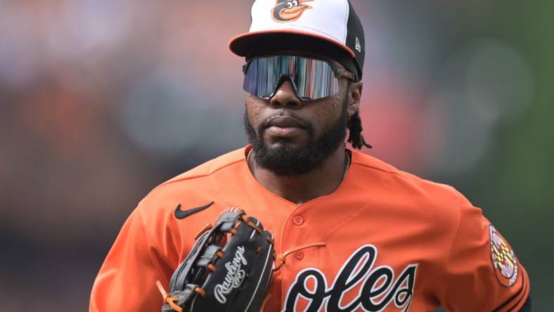 Jul 1, 2023; Baltimore, Maryland, USA; Baltimore Orioles center fielder Cedric Mullins (31) runs towards the dugout durng second inning against the Minnesota Twins]  at Oriole Park at Camden Yards. Mandatory Credit: Tommy Gilligan-USA TODAY Sports