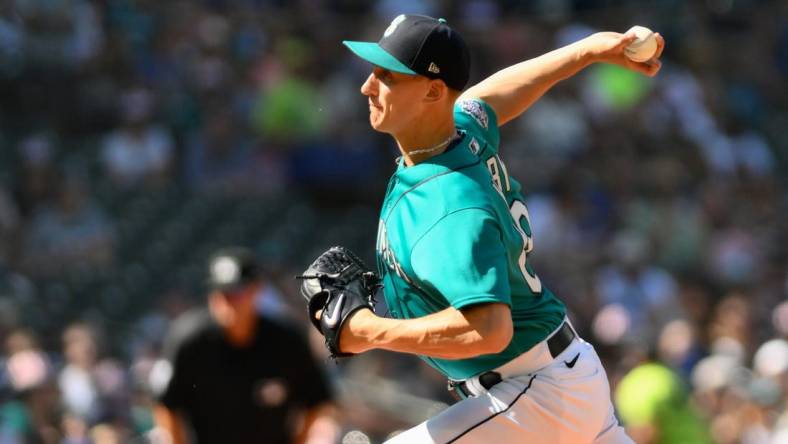 Jul 1, 2023; Seattle, Washington, USA; Seattle Mariners starting pitcher George Kirby (68) pitches to the Tampa Bay Rays during the first inning at T-Mobile Park. Mandatory Credit: Steven Bisig-USA TODAY Sports