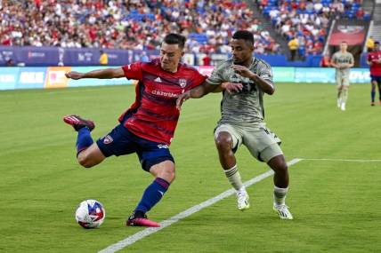 Jul 1, 2023; Frisco, Texas, USA; FC Dallas defender Sam Junqua (29) attempts to pass the ball by Los Angeles FC defender Diego Palacios (12) during first half at Toyota Stadium. Mandatory Credit: Jerome Miron-USA TODAY Sports