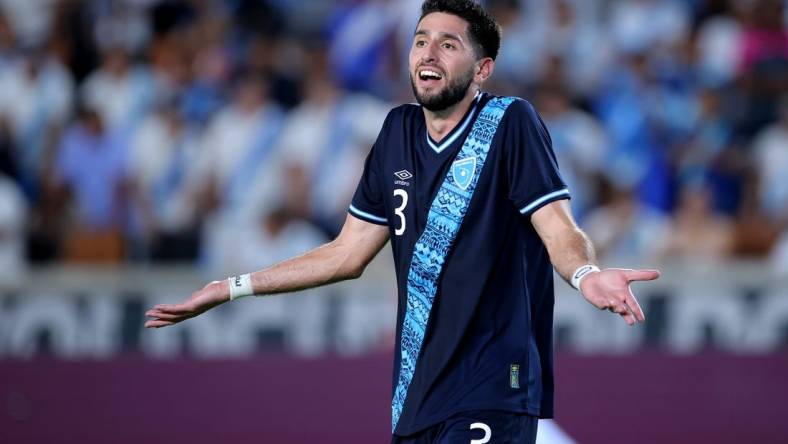 Jul 1, 2023; Houston, Texas, USA; Guatemala defender Nicolas Samayoa (3) reacts after a call from the referee during the second half of the CONCACAF Gold Cup group stage match against Canada at Shell Energy Stadium. Mandatory Credit: Erik Williams-USA TODAY Sports