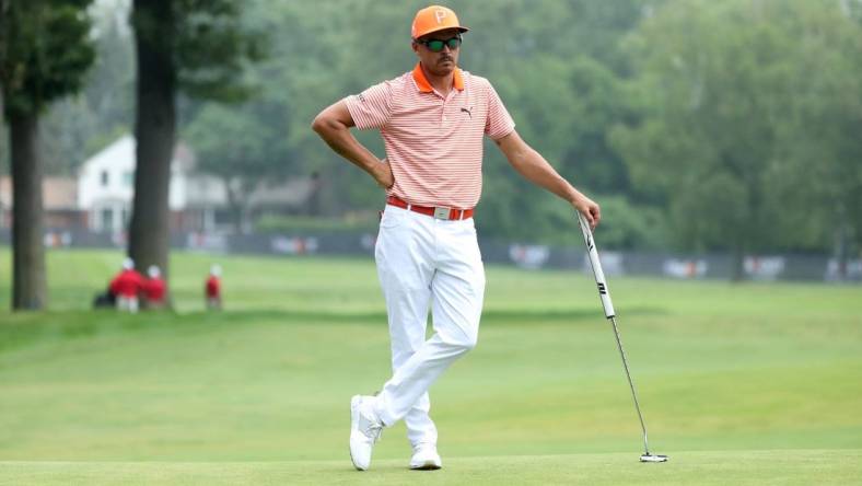 Rickie Fowler waits to putt on the eight green during final round action of the Rocket Mortgage Classic Sunday, July 2, 2023.