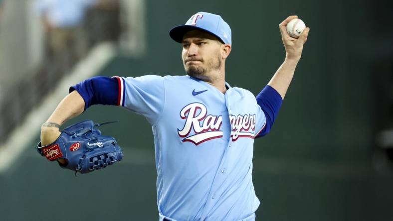 Jul 2, 2023; Arlington, Texas, USA; Texas Rangers starting pitcher Andrew Heaney (44) throws during the first inning against the Houston Astros at Globe Life Field. Mandatory Credit: Kevin Jairaj-USA TODAY Sports