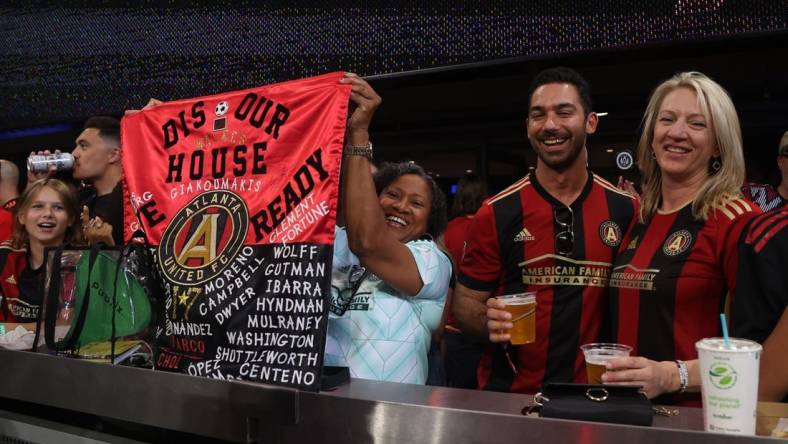 Jul 2, 2023; Atlanta, Georgia, USA; Atlanta United fans cheer before the game against the Philadelphia Union at Mercedes-Benz Stadium. Mandatory Credit: Brett Davis-USA TODAY Sports