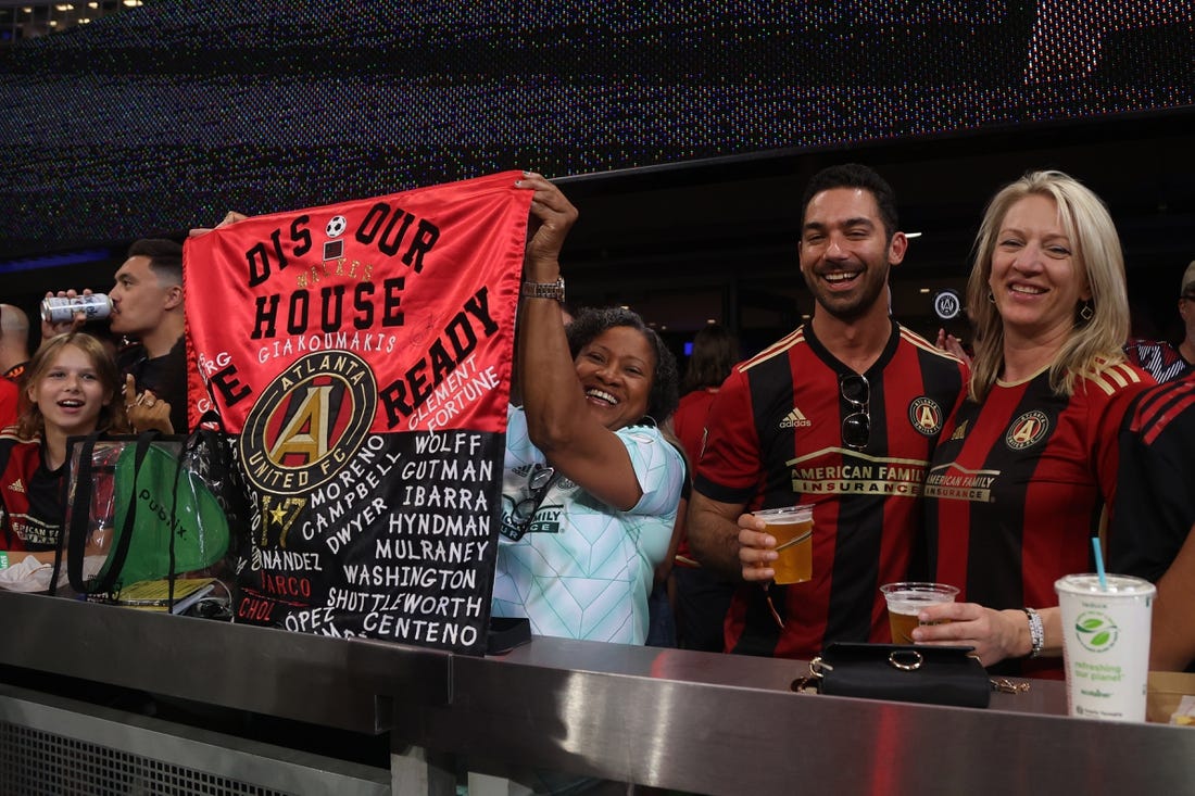 Jul 2, 2023; Atlanta, Georgia, USA; Atlanta United fans cheer before the game against the Philadelphia Union at Mercedes-Benz Stadium. Mandatory Credit: Brett Davis-USA TODAY Sports