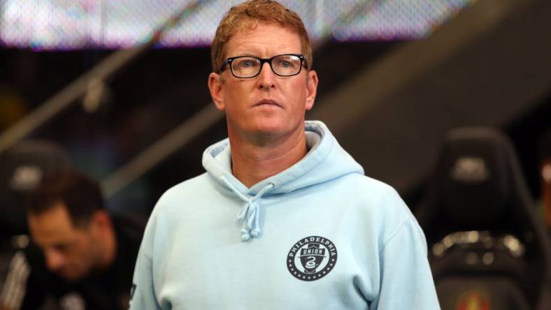 Jul 2, 2023; Atlanta, Georgia, USA;  Philadelphia Union head coach Jim Curtin looks on before the game against the Atlanta United at Mercedes-Benz Stadium. Mandatory Credit: Brett Davis-USA TODAY Sports