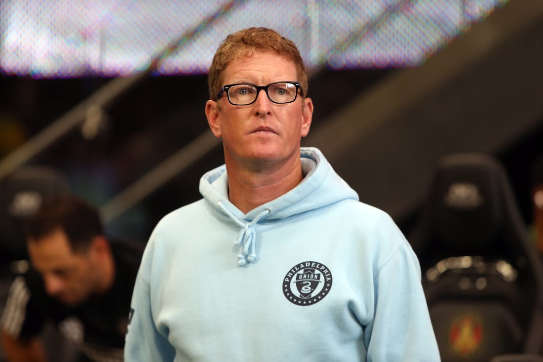 Jul 2, 2023; Atlanta, Georgia, USA;  Philadelphia Union head coach Jim Curtin looks on before the game against the Atlanta United at Mercedes-Benz Stadium. Mandatory Credit: Brett Davis-USA TODAY Sports