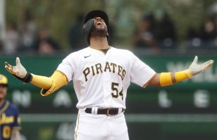Jul 2, 2023; Pittsburgh, Pennsylvania, USA;  Pittsburgh Pirates right fielder Josh Palacios (54) reacts at second base with an RBI double against the Milwaukee Brewers during the eighth inning at PNC Park. The Brewers won 6-3.  Mandatory Credit: Charles LeClaire-USA TODAY Sports