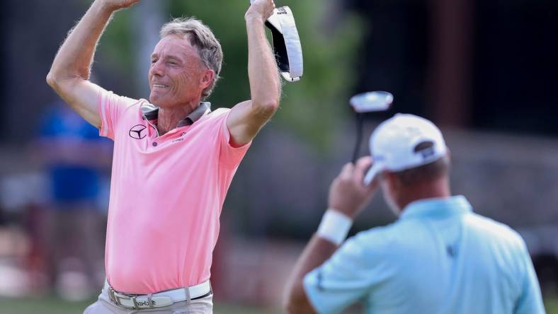 Bernhard Langer celebrates after sinking a putt on the 18th hole during the final round of the 2023 U.S. Senior Open on Sunday, July 2, 2023, at SentryWorld in Stevens Point, Wis. Langer won the tournament at 7-under par to claim his 46th career PGA Tour Champions victory, a new tour record.Tork Mason/USA TODAY NETWORK-Wisconsin