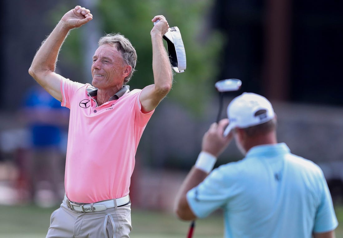 Bernhard Langer celebrates after sinking a putt on the 18th hole during the final round of the 2023 U.S. Senior Open on Sunday, July 2, 2023, at SentryWorld in Stevens Point, Wis. Langer won the tournament at 7-under par to claim his 46th career PGA Tour Champions victory, a new tour record.Tork Mason/USA TODAY NETWORK-Wisconsin