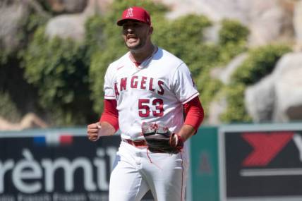 Jul 2, 2023; Anaheim, California, USA; Los Angeles Angels relief pitcher Carlos Estevez (53) celebrates at the end of the game against the Arizona Diamondbacks at Angel Stadium. Mandatory Credit: Kirby Lee-USA TODAY Sports
