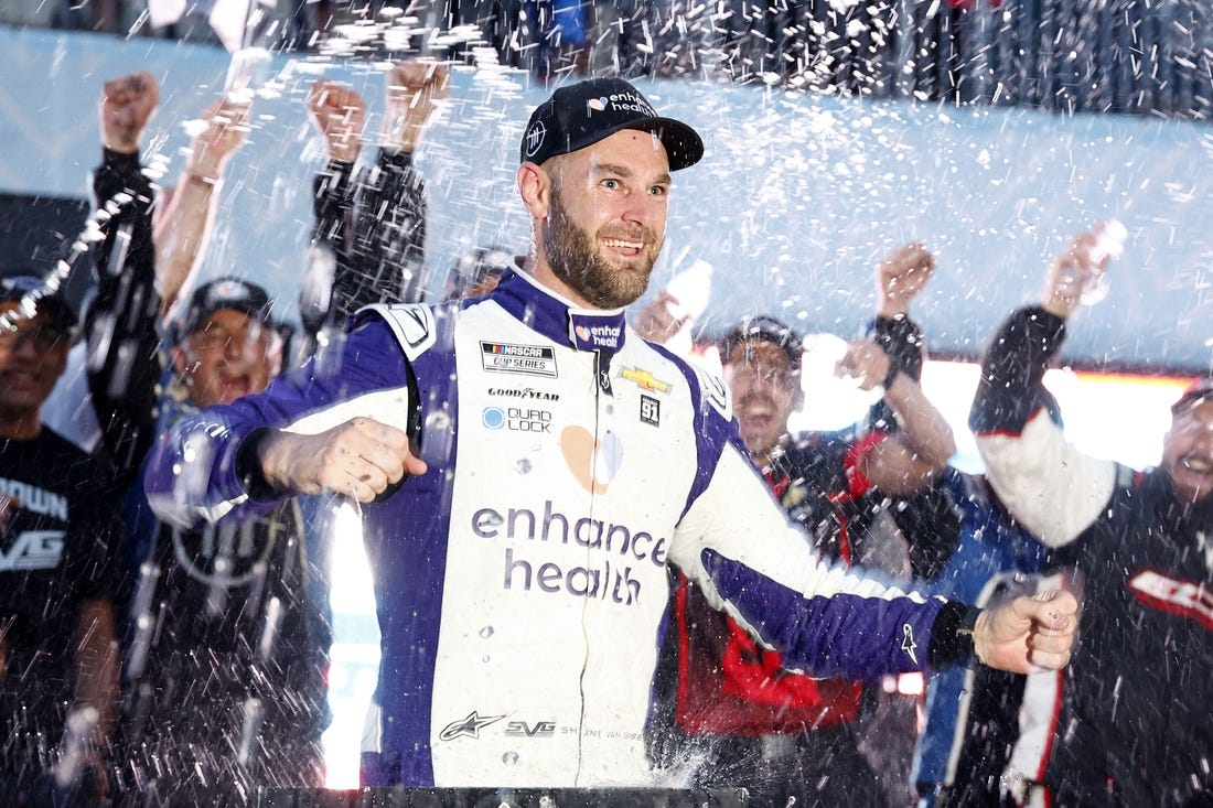 Jul 2, 2023; Chicago, Illinois, USA; NASCAR Cup Series driver Shane Van Gisbergen (91) reacts after winning the Grant Park 220 of the Chicago Street Race at Chicago Street Race. Mandatory Credit: Mike Dinovo-USA TODAY Sports