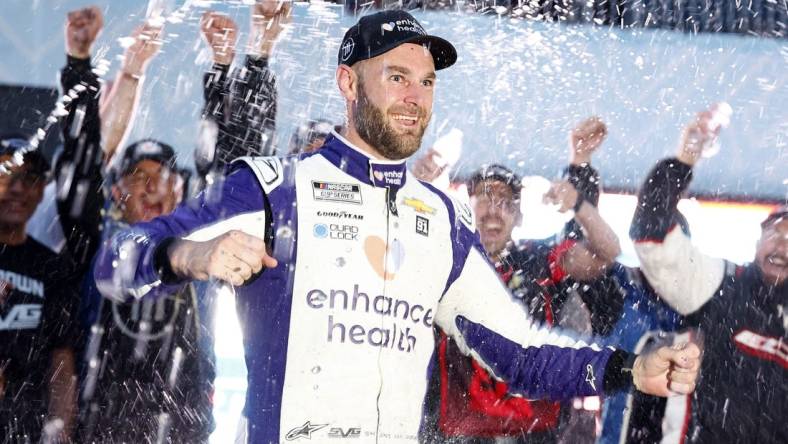 Jul 2, 2023; Chicago, Illinois, USA; NASCAR Cup Series driver Shane Van Gisbergen (91) reacts after winning the Grant Park 220 of the Chicago Street Race at Chicago Street Race. Mandatory Credit: Mike Dinovo-USA TODAY Sports