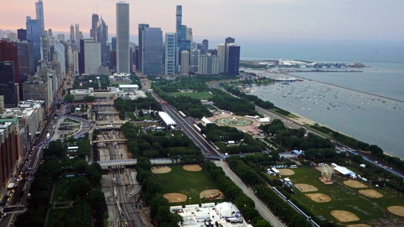 Jul 2, 2023; Chicago, Illinois, USA; A general view as cars race along Grant Park during the Grant Park 220 of the Chicago Street Race viewed from the NEMA Chicago buliding. Mandatory Credit: Jon Durr-USA TODAY Sports