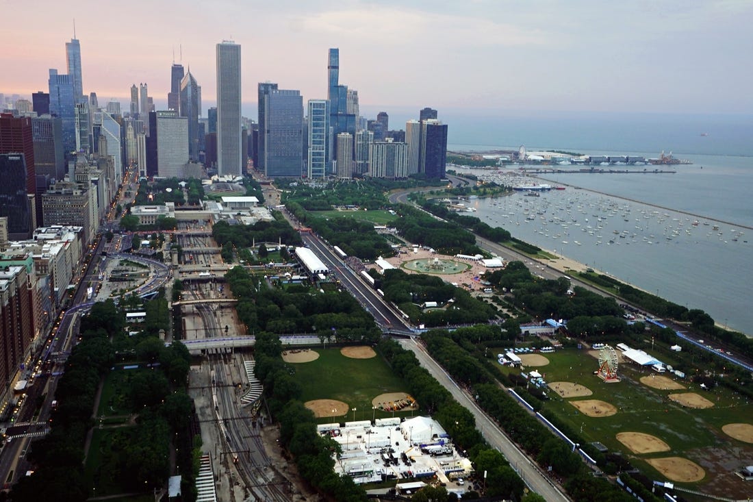 Jul 2, 2023; Chicago, Illinois, USA; A general view as cars race along Grant Park during the Grant Park 220 of the Chicago Street Race viewed from the NEMA Chicago buliding. Mandatory Credit: Jon Durr-USA TODAY Sports