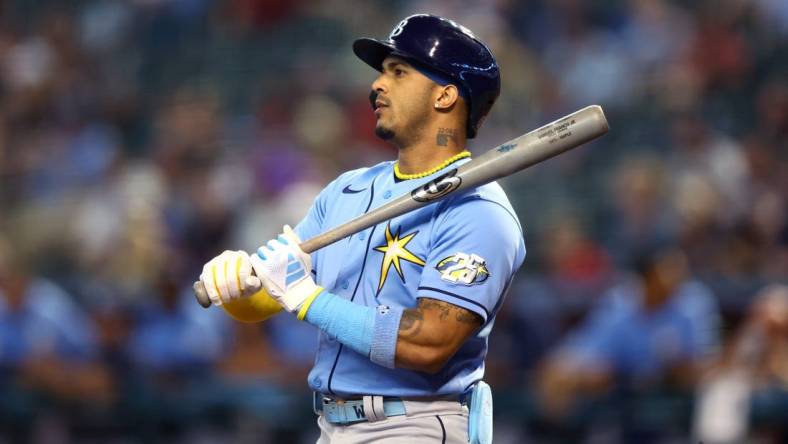 Jun 27, 2023; Phoenix, Arizona, USA; Tampa Bay Rays shortstop Wander Franco against the Arizona Diamondbacks at Chase Field. Mandatory Credit: Mark J. Rebilas-USA TODAY Sports