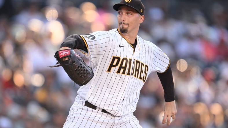 Jul 3, 2023; San Diego, California, USA; San Diego Padres starting pitcher Blake Snell (4) throws a pitch against the Los Angeles Angels during the first inning at Petco Park. Mandatory Credit: Orlando Ramirez-USA TODAY Sports