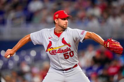 Jul 4, 2023; Miami, Florida, USA; St. Louis Cardinals starting pitcher Adam Wainwright (50) throws a pitch against the Miami Marlins during the first inning at loanDepot Park. Mandatory Credit: Rich Storry-USA TODAY Sports