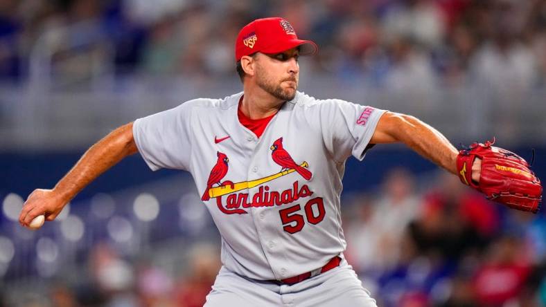 Jul 4, 2023; Miami, Florida, USA; St. Louis Cardinals starting pitcher Adam Wainwright (50) throws a pitch against the Miami Marlins during the first inning at loanDepot Park. Mandatory Credit: Rich Storry-USA TODAY Sports