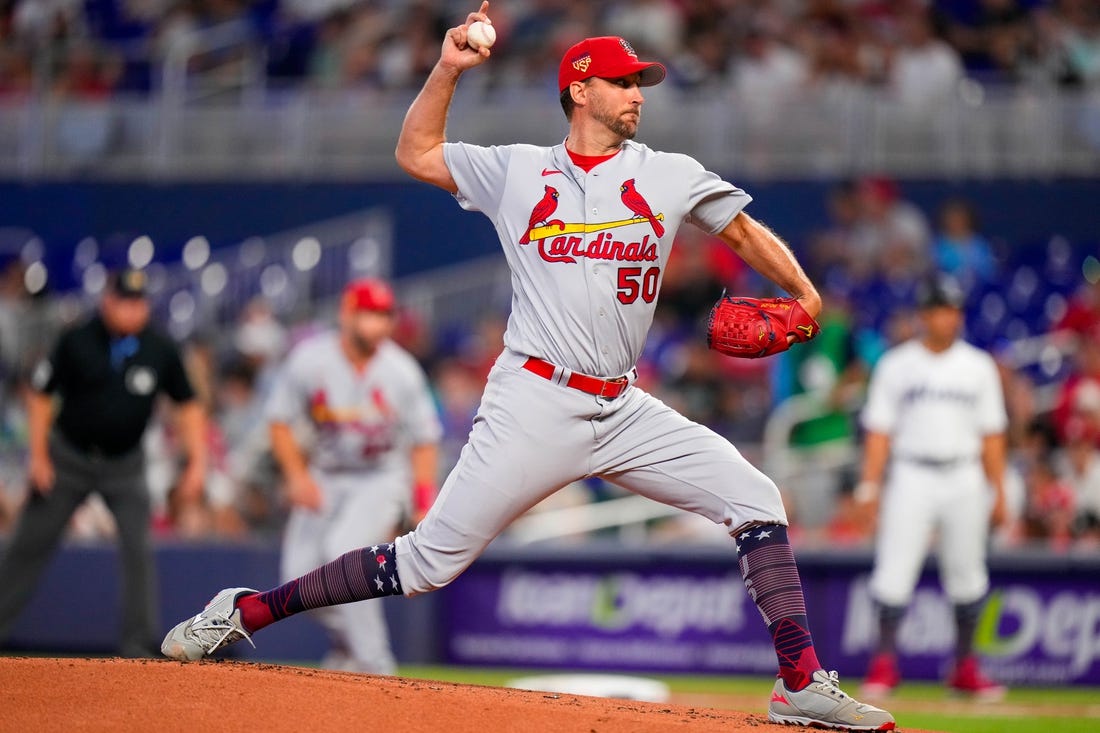 Jul 4, 2023; Miami, Florida, USA; St. Louis Cardinals starting pitcher Adam Wainwright (50) throws a pitch against the Miami Marlins during the first inning at loanDepot Park. Mandatory Credit: Rich Storry-USA TODAY Sports