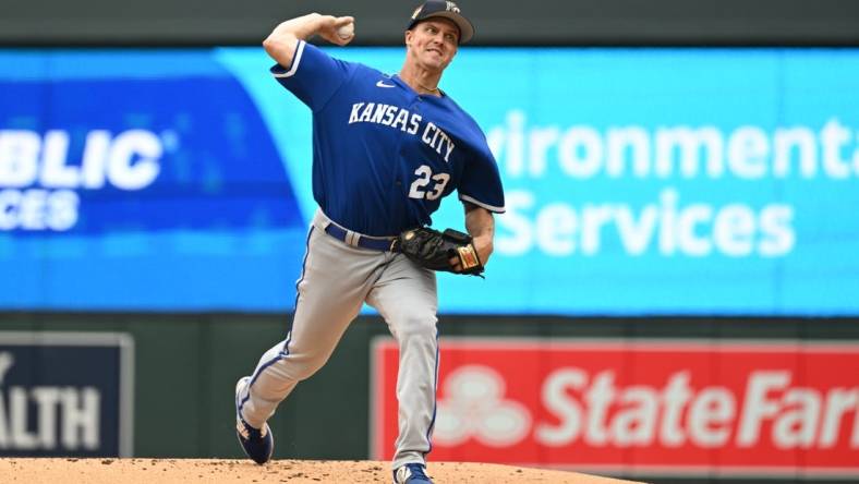 Jul 4, 2023; Minneapolis, Minnesota, USA; Kansas City Royals starting pitcher Zack Greinke (23) throws a pitch against the Minnesota Twins during the first inning at Target Field. Mandatory Credit: Jeffrey Becker-USA TODAY Sports