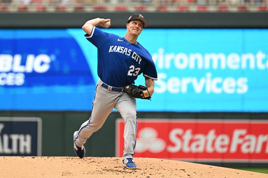 Jul 4, 2023; Minneapolis, Minnesota, USA; Kansas City Royals starting pitcher Zack Greinke (23) throws a pitch against the Minnesota Twins during the first inning at Target Field. Mandatory Credit: Jeffrey Becker-USA TODAY Sports