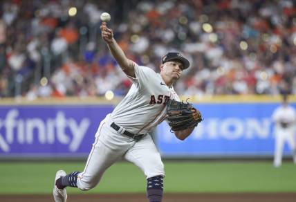 Jul 4, 2023; Houston, Texas, USA; Houston Astros starting pitcher Brandon Bielak (64) delivers a pitch during the seventh inning against the Colorado Rockies at Minute Maid Park. Mandatory Credit: Troy Taormina-USA TODAY Sports