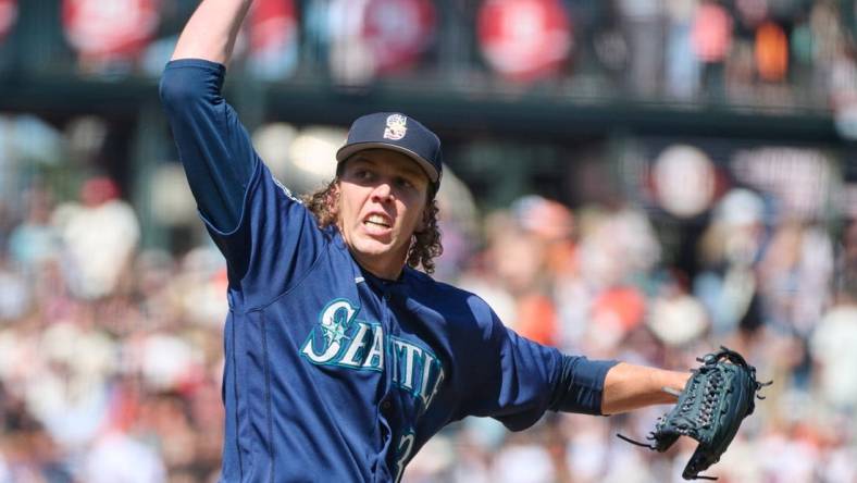 Jul 4, 2023; San Francisco, California, USA; Seattle Mariners pitcher Logan Gilbert (36) reacts after the final out of the ninth inning against the San Francisco Giants at Oracle Park. Mandatory Credit: Robert Edwards-USA TODAY Sports