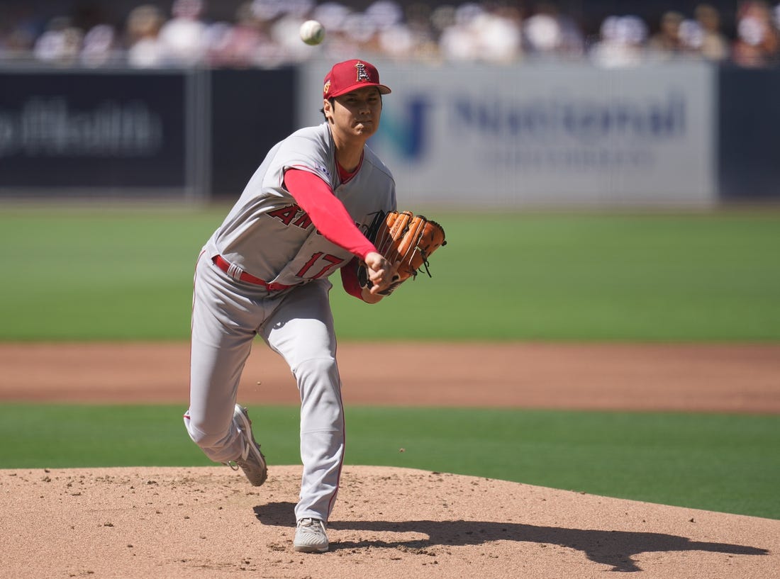 Jul 4, 2023; San Diego, California, USA;  Los Angeles Angels starting pitcher Shohei Ohtani (17) throws a pitch against the San Diego Padres during the first inning at Petco Park. Mandatory Credit: Ray Acevedo-USA TODAY Sports