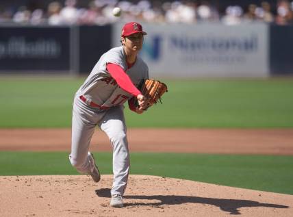 Jul 4, 2023; San Diego, California, USA;  Los Angeles Angels starting pitcher Shohei Ohtani (17) throws a pitch against the San Diego Padres during the first inning at Petco Park. Mandatory Credit: Ray Acevedo-USA TODAY Sports