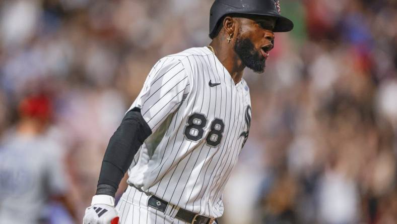 Jul 4, 2023; Chicago, Illinois, USA; Chicago White Sox center fielder Luis Robert Jr. (88) rounds the bases after hitting a three-run home run against the Toronto Blue Jays during the sixth inning at Guaranteed Rate Field. Mandatory Credit: Kamil Krzaczynski-USA TODAY Sports