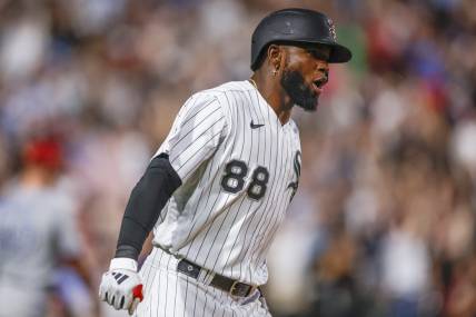 Jul 4, 2023; Chicago, Illinois, USA; Chicago White Sox center fielder Luis Robert Jr. (88) rounds the bases after hitting a three-run home run against the Toronto Blue Jays during the sixth inning at Guaranteed Rate Field. Mandatory Credit: Kamil Krzaczynski-USA TODAY Sports
