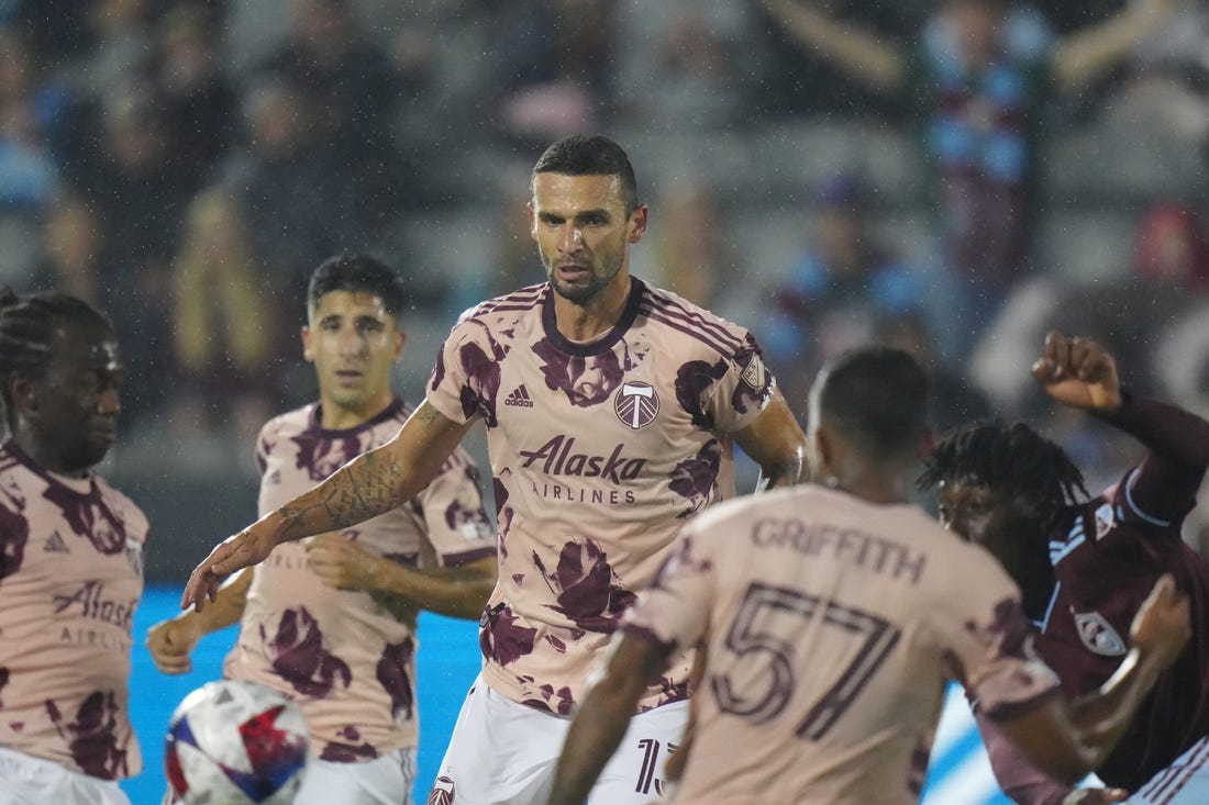 Jul 4, 2023; Commerce City, Colorado, USA; Portland Timbers defender Dario Zuparic (13) in action during the first half against the Colorado Rapids at Dick's Sporting Goods Park. Mandatory Credit: Ron Chenoy-USA TODAY Sports