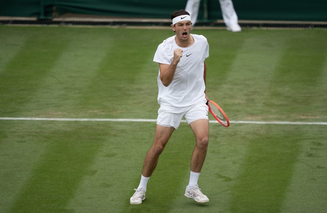 Jul 5, 2023; London, United Kingdom; Taylor Fritz (USA) reacts to a point during his match against Yannick Hanfmann  (GER) on day three at the All England Lawn Tennis and Croquet Club.  Mandatory Credit: Susan Mullane-USA TODAY Sports