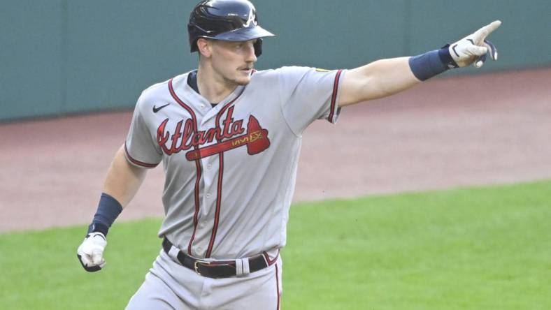 Jul 5, 2023; Cleveland, Ohio, USA; Atlanta Braves catcher Sean Murphy (12) celebrates his solo home run in the third inning against the Cleveland Guardians at Progressive Field. Mandatory Credit: David Richard-USA TODAY Sports