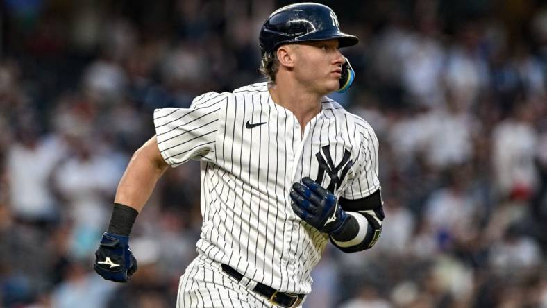 Jul 5, 2023; Bronx, New York, USA; New York Yankees third baseman Josh Donaldson (28) rounds the bases after hitting a solo home run against the Baltimore Orioles during the fifth inning at Yankee Stadium. Mandatory Credit: John Jones-USA TODAY Sports