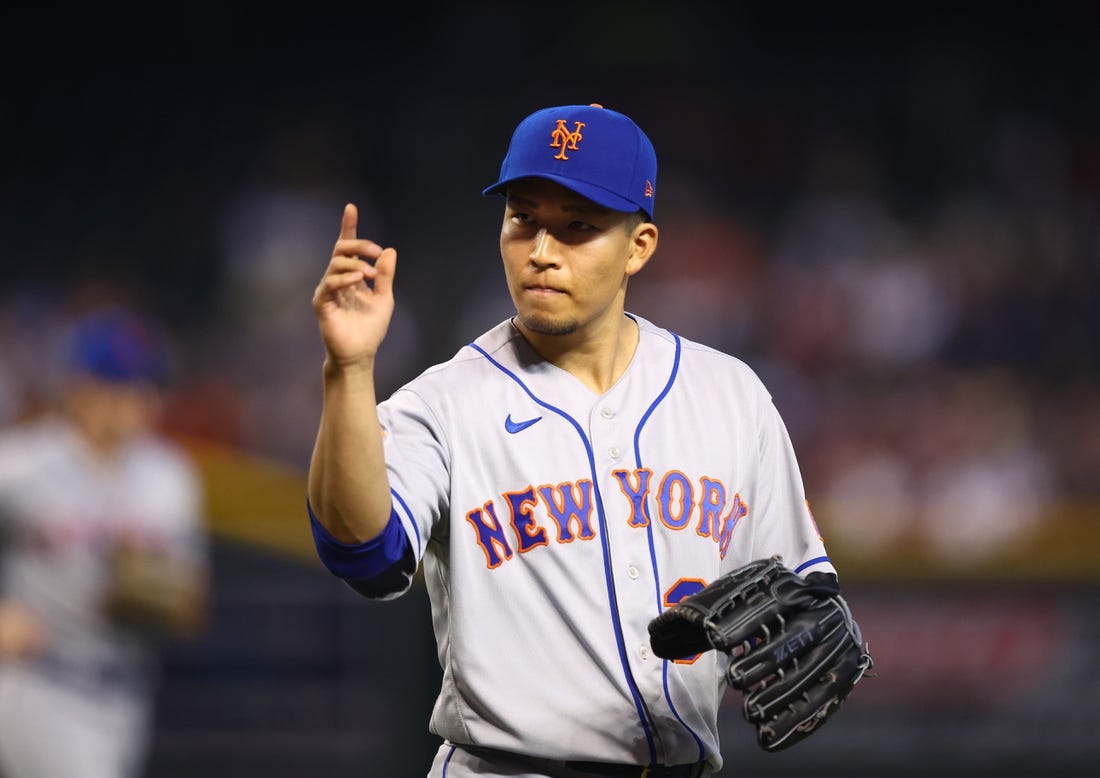 Jul 5, 2023; Phoenix, Arizona, USA; New York Mets pitcher Kodai Senga reacts after the final out in the first inning against the Arizona Diamondbacks at Chase Field. Mandatory Credit: Mark J. Rebilas-USA TODAY Sports